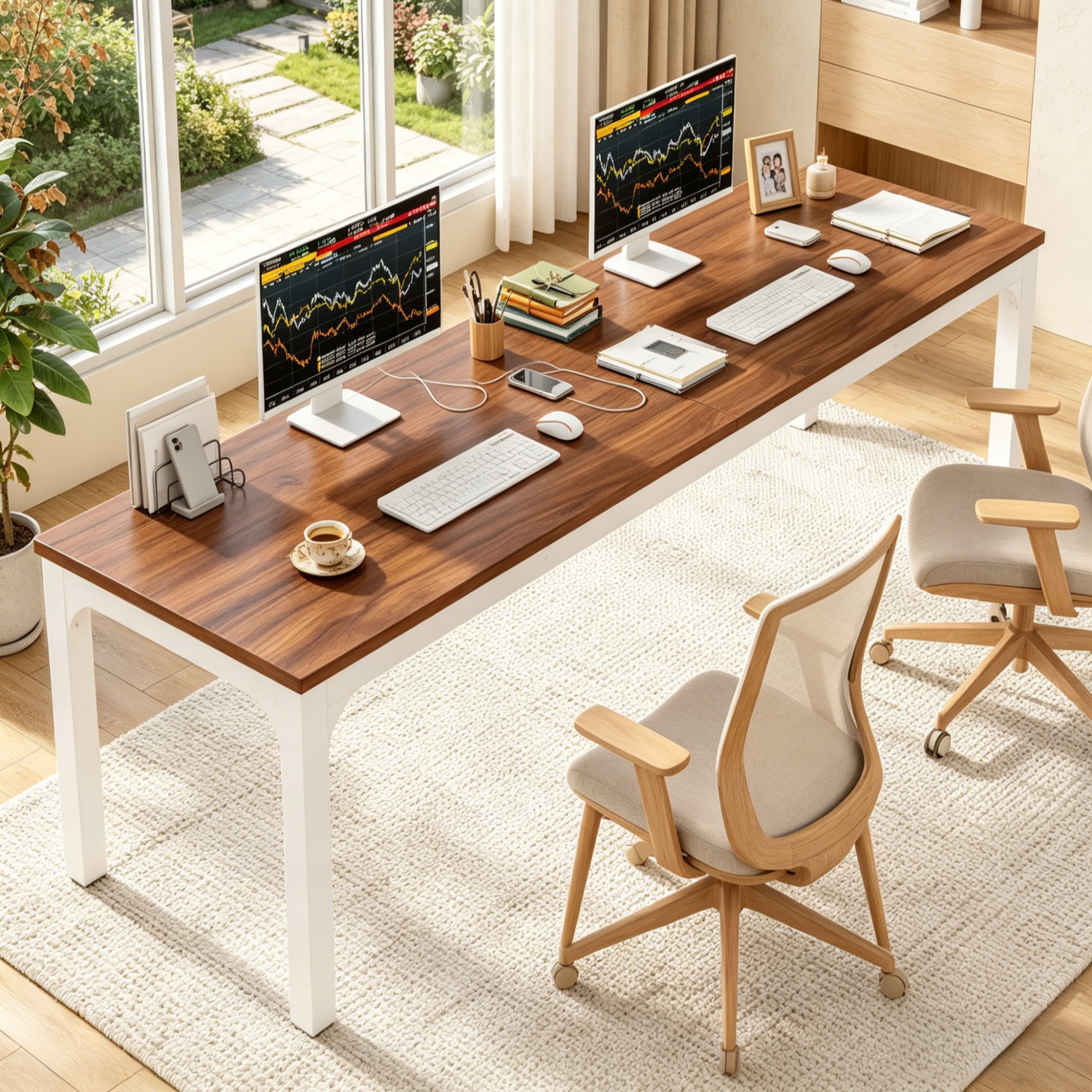 Fnova 78.7" Modern Computer Desk with Wood Desktop, Metal Frame Office Desk, Brown White