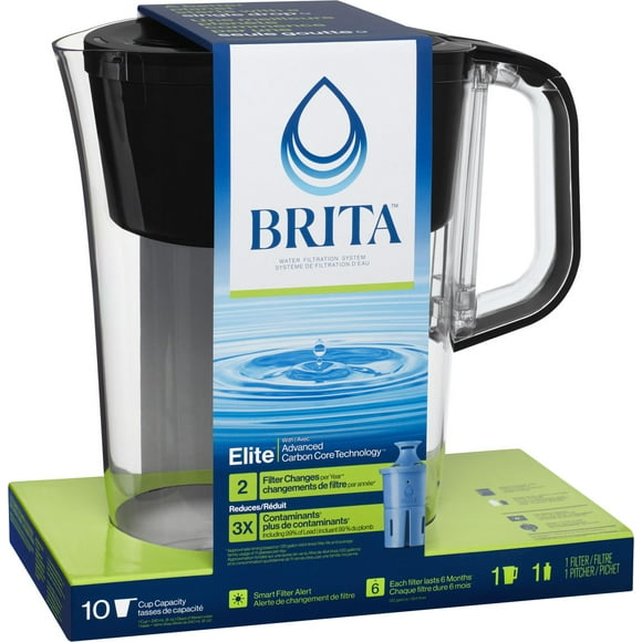 Brita 10 Cup Elite Filter Pitcher with Smart Light Indicator, Reduces 30+ Contaminants including Lead and Microplastics, Filter lasts 6 months, Tahoe,, Black