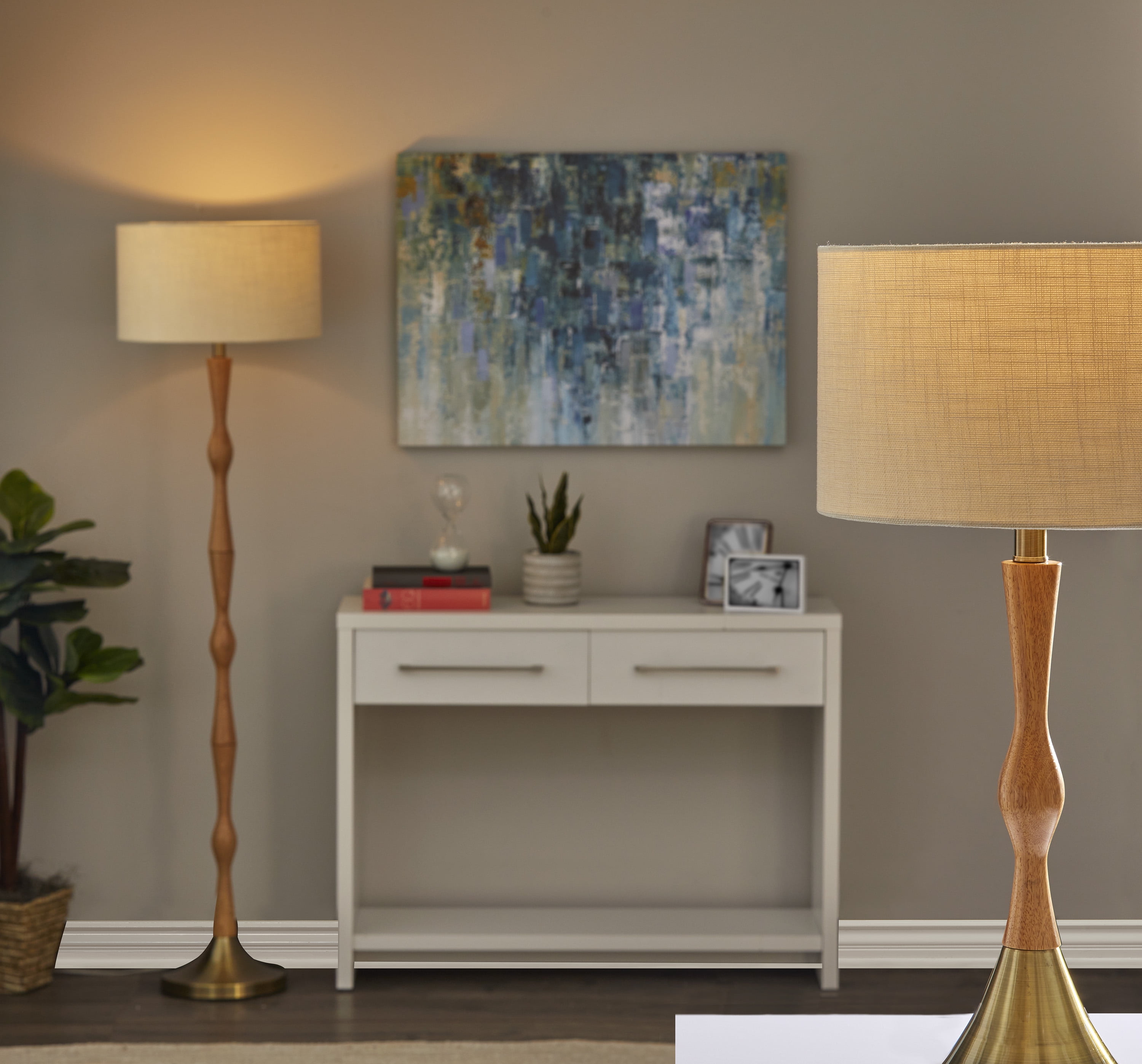 Eve Floor Lamp with Natural Oak Wood and Antique Brass Base