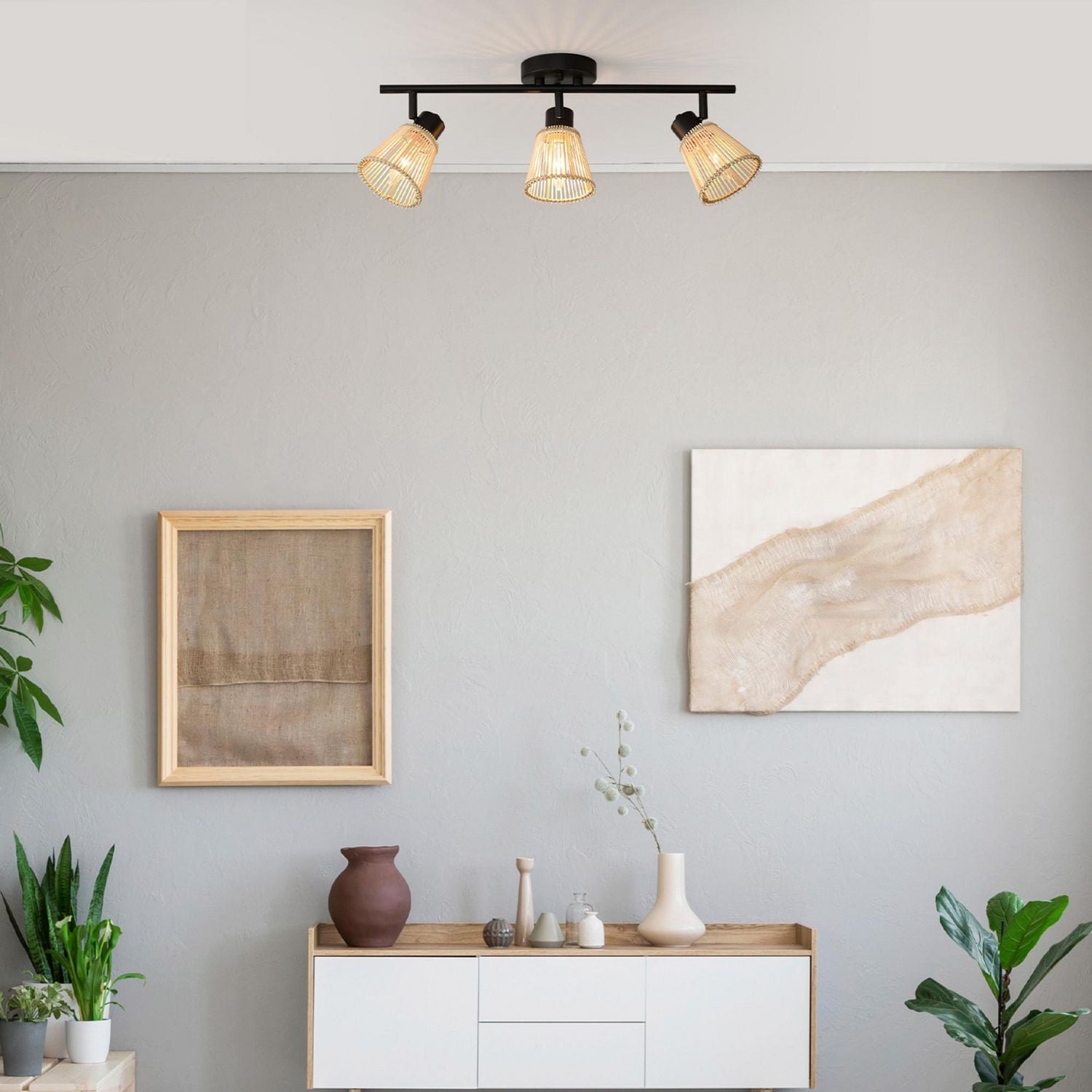 3-Light Matte Black Track Lighting with Bamboo Shades