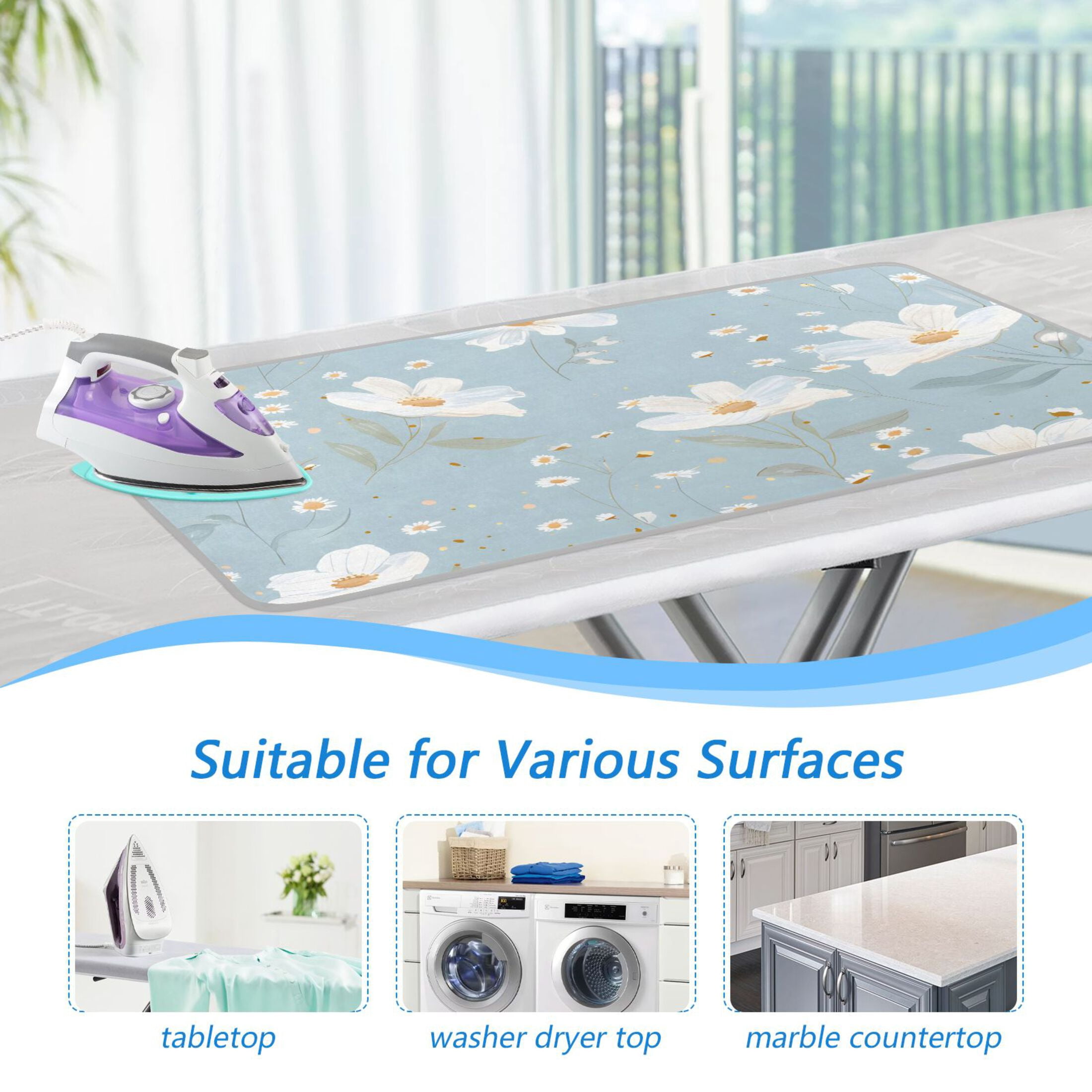 White Florals Daisies Leaves Oil Painting Ironing Mat Blanket Portable Travel Ironing Pad Heat Resistant Pad 47.2" x 27.6”