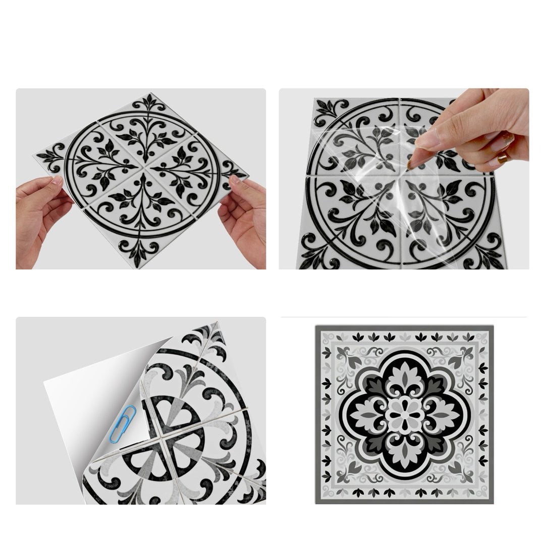 24Pcs Tile Sticker Waterproof Peel and Stick Backsplash 7.87" x 7.87" Gray Black Flowers Pattern Wall Stickers Self Adhesive Decals DIY Decor