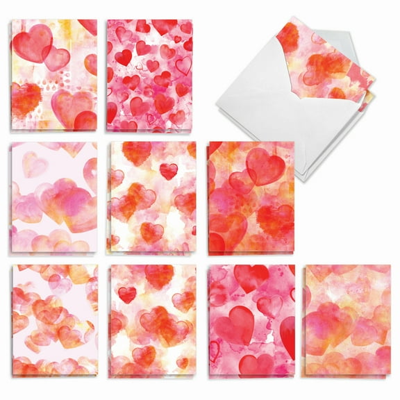 The Best Card Company 20 Assorted Valentine's Day Notecards Bulk Box Set 4 x 5.12 Inch with Envelopes (10 Designs, 2 Each) Watercolor Hearts AM10427VDG-B2x10
