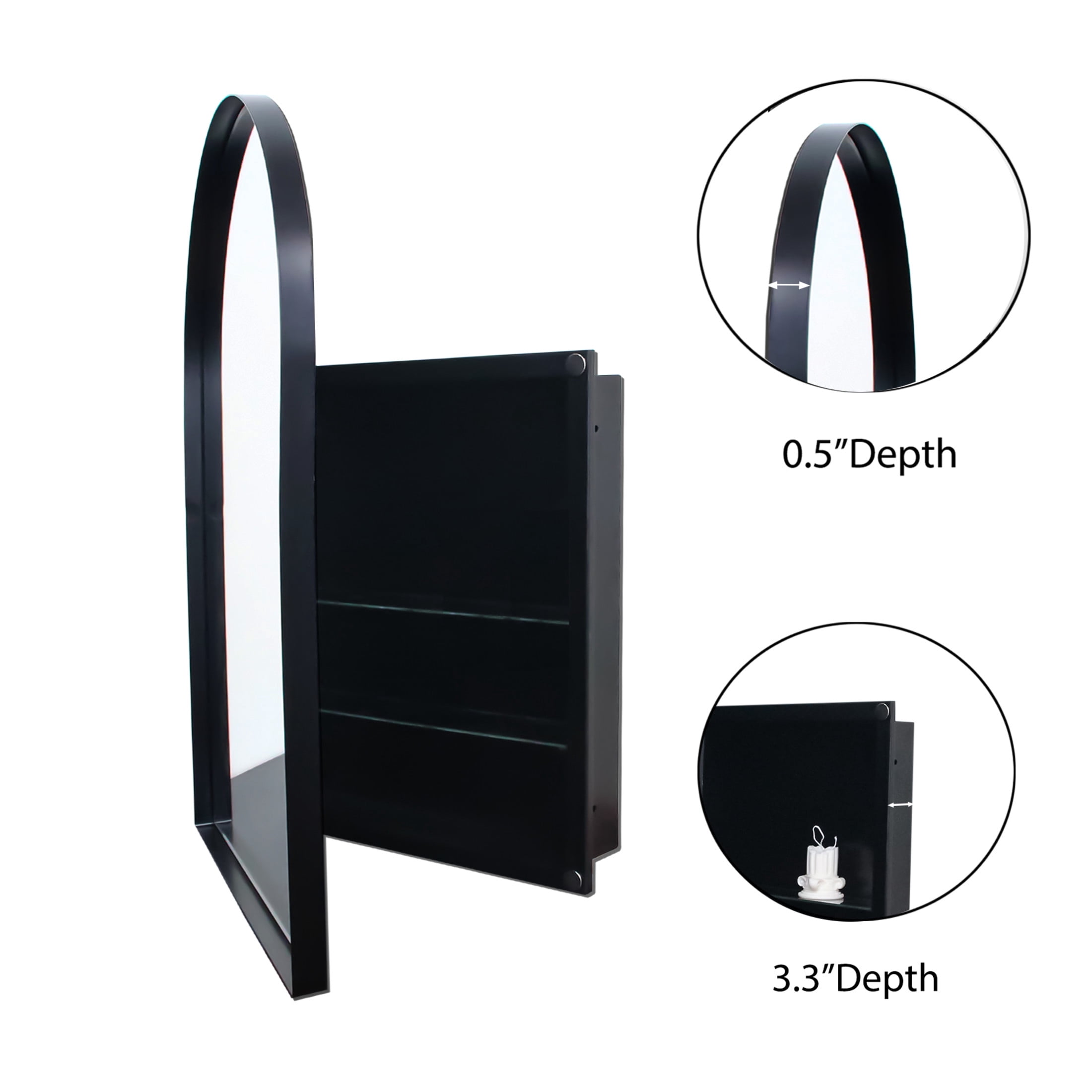 Noble House Arched Medicine Cabinet with Mirror, Recessed or Surface Mount, Adjustable Shelves, Matte Black
