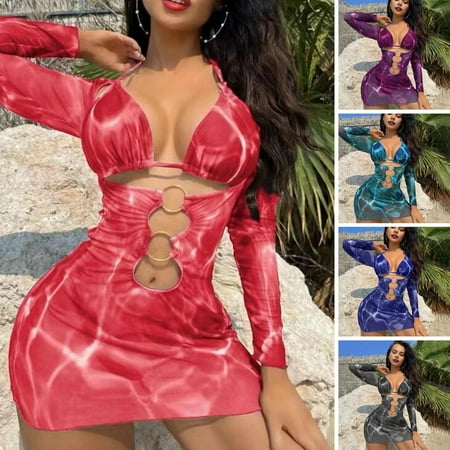 Joernso 3Pcs/Set Summer Swimsuit Set Halter Lace-up Backless Bra Slim Fitting High Waist Briefs Long Sleeve Metal Ring Connection Cover Up Set Printing Swimwear