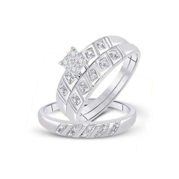 10kt White Gold His Hers Round Diamond Cluster Matching Wedding Set 1/12 Cttw
