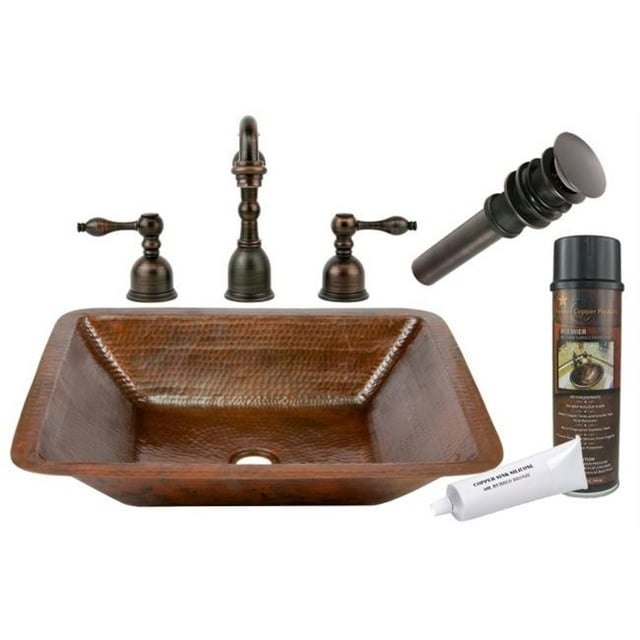 Premier Copper Products BSP2-LREC19DB 19 in. Rectangular Copper Undermount Bathroom Sink with Tru Widespread Faucet