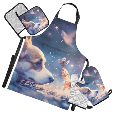 Lovely Dog and Butterfly 5 Pcs Kitchen Set Heat Resistant Oven Mitts and Non-Slip Pot Holders with Adjustable Cooking Apron