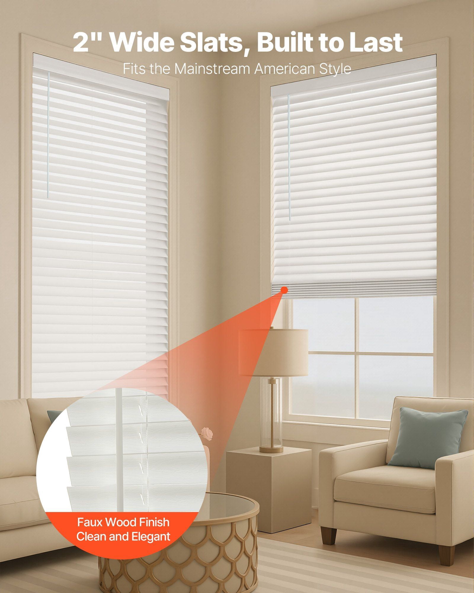 Faux Wood Blinds 2 Inch Slat 34.5 by 60 Inches Cordless Window Shades with Decorative Board Easy Clean Simple Light Adjustment Room Darkening White Interior Blinds