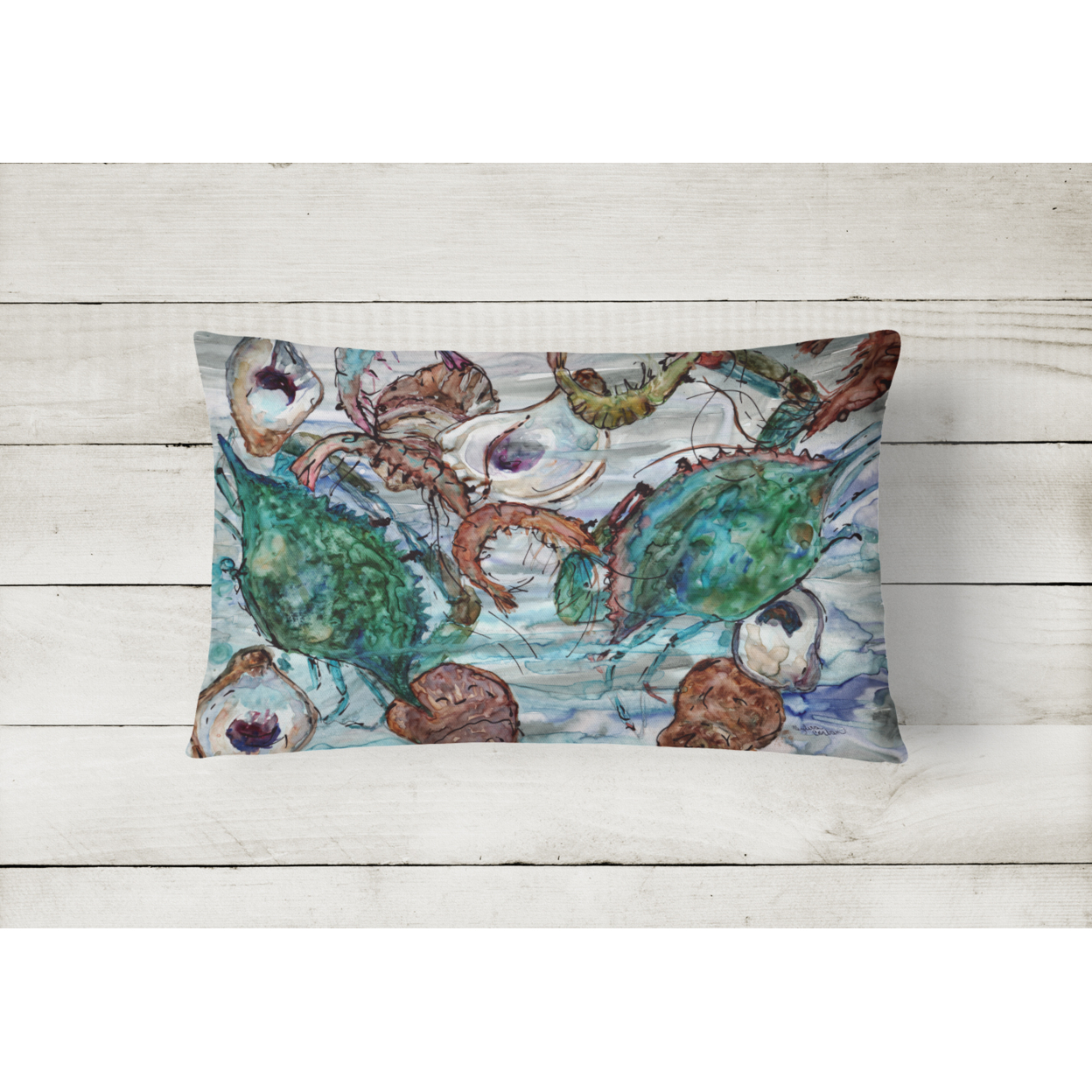 Carolines Treasures 8965PW1216 Shrimp, Crabs and Oysters in water Canvas Fabric Decorative Pillow, 12H x16W, multicolor
