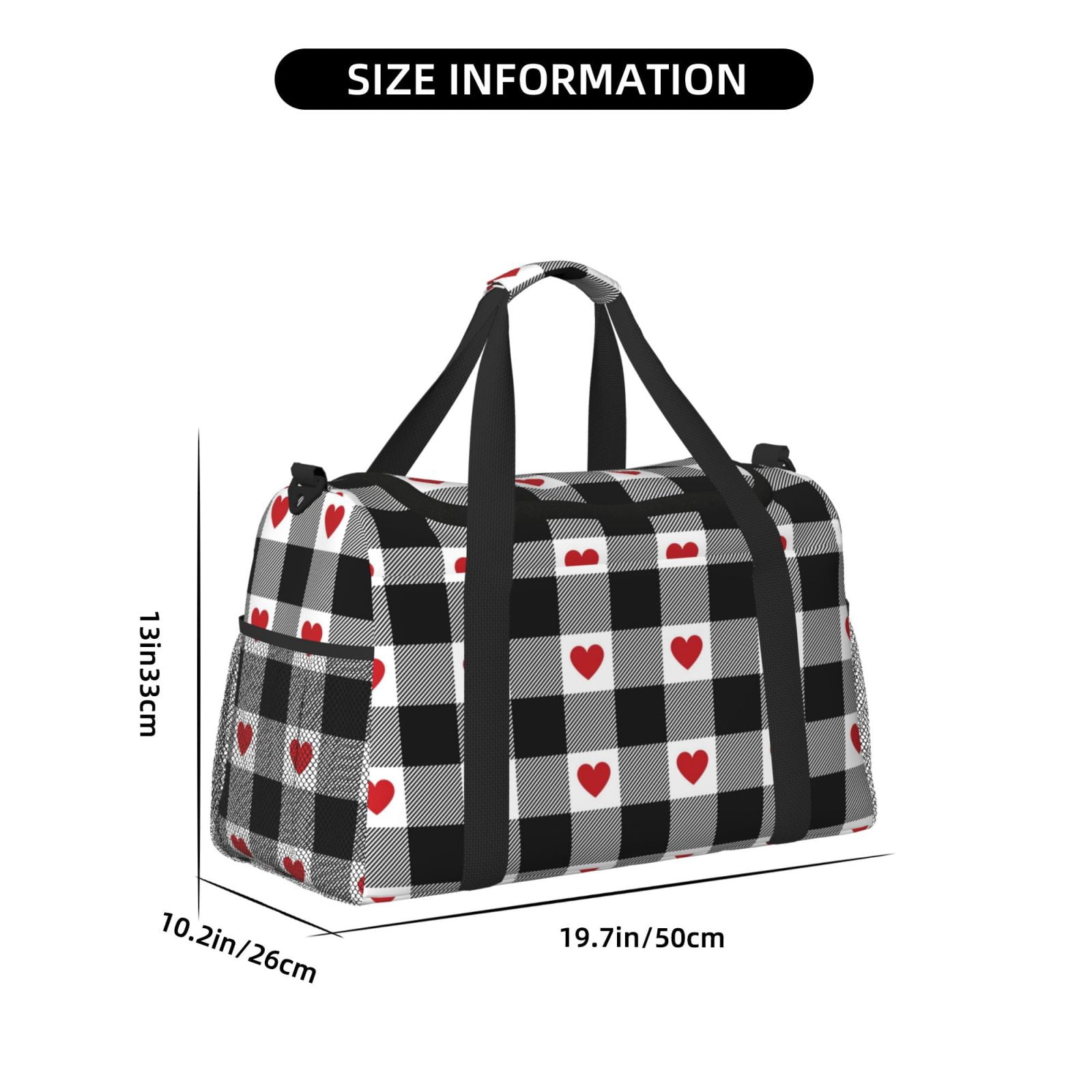 Fuzoiu Heart Black Buffalo Plaid Gingham Print Travel Duffle Bag,Carry On Tote Bags,Duffel Bag,Sport Gym Bag, Hospital Bag for Labor and Delivery, Overnight Bag,Luggage Bag