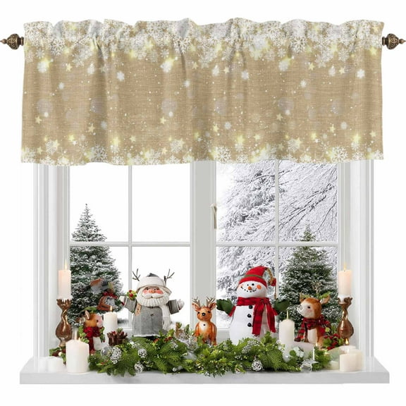 Winter Snowflakes Bright Valances for Windows, 42 x 18in, Christmas Star Brown Patches Rod Pocket Kitchen Valance Curtain Light Filtering Window Treatments for Living Room Bedroom, 1 Panel