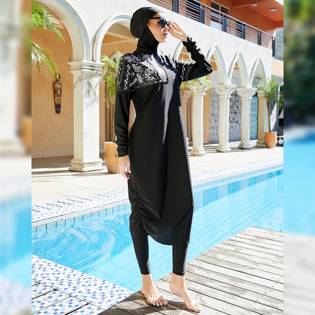 IBTOM CASTLE Muslim Swimsuits for Women Modest Islamic Arabic Swimwear Burkini Full Cover Hijab Top Pants Swimming Cap Bathing Suits XL Black - Ruched Hem