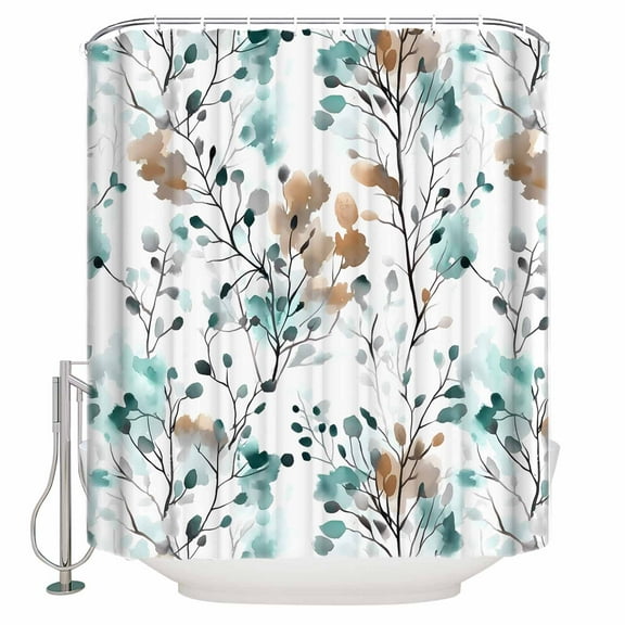 Vintage Teal Shower Curtain, 66" x 72", Brown Wildflowers Leaves Abstract Botanical Waterproof Bathroom Curtain Washable Shower Curtain Set with 12 Hooks