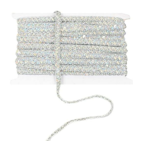 Sequin Braid Cord Trim, 0.4 Inch Glitter Laser Sequin Strip, Sewing Sequin Ribbon for DIY Crafts Party Decorations, 13 Yards, Silver