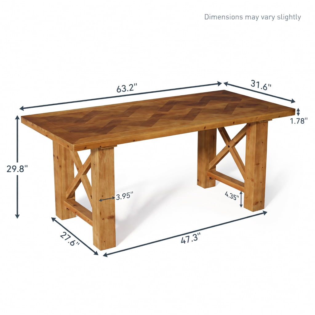 Hommoo 63 Inch Solid Fir Wood Dining Table with Herringbone Parquet Top, Rustic Farmhouse Rectangle Kitchen Table for 4-6 People, X-Frame Design, Natural