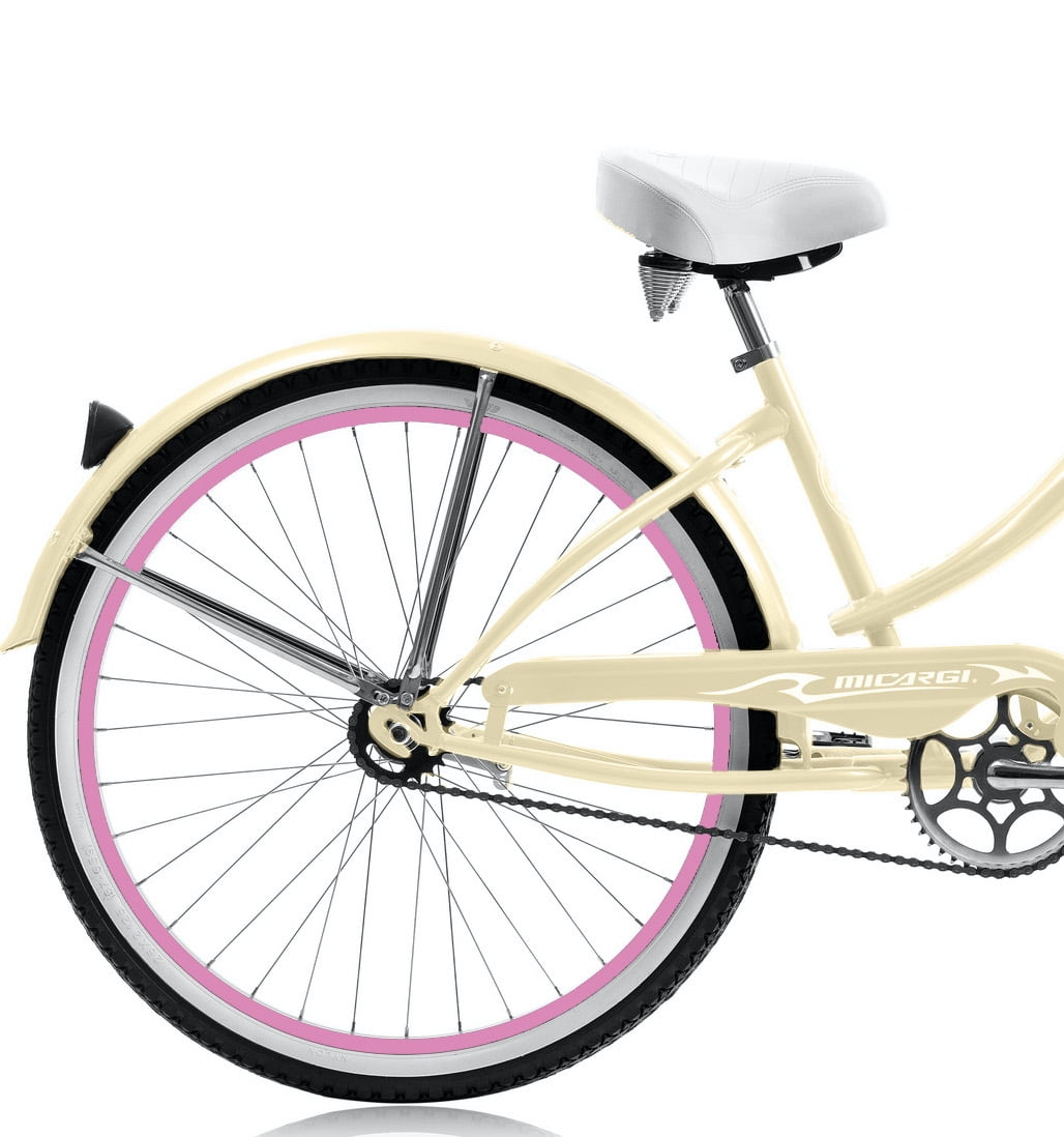 Wonder Wheels 26 In. Beach Cruiser Coaster Brake Single Speed Bicycle, Bike, Stainless Steel Spokes One Piece Crank Alloy Pink Rims 36 H With Fenders - Vanilla & Pink