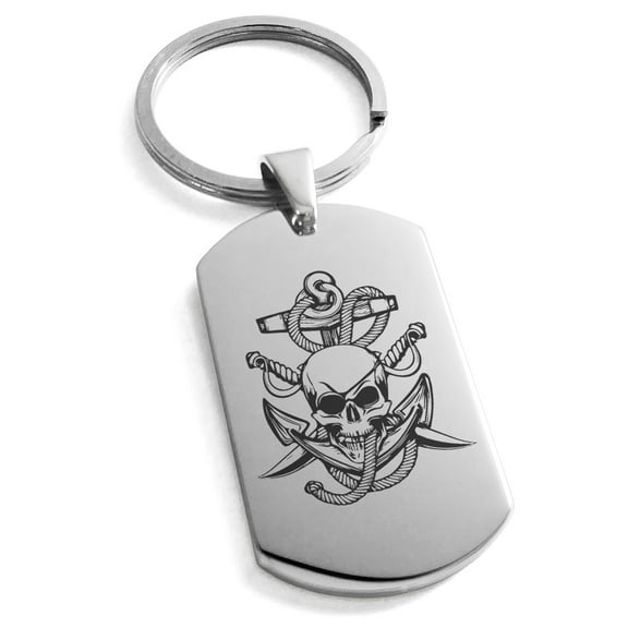 Stainless Steel Pirate Skull Anchor & Sabers Engraved Dog Tag Keychain Keyring