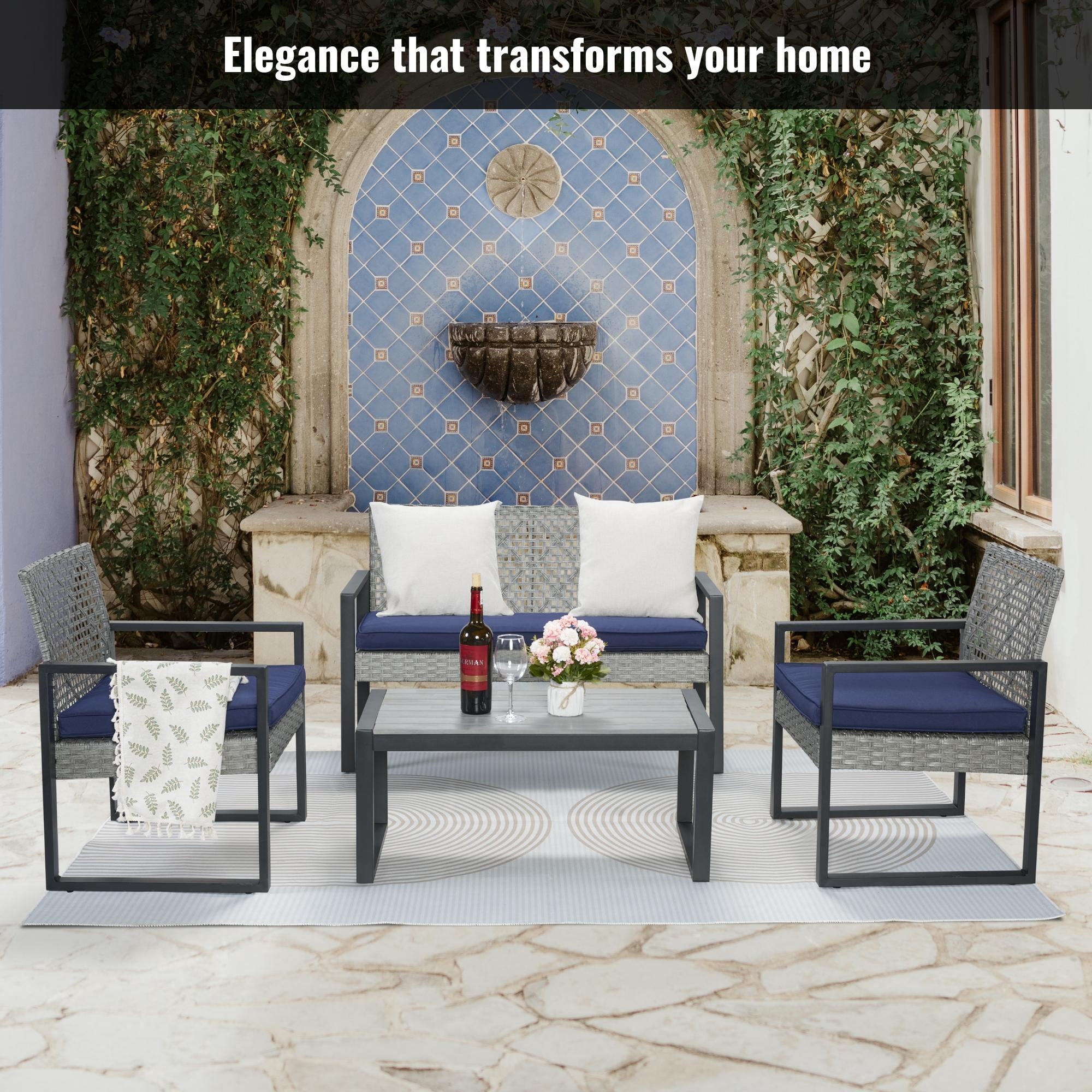 Clearance! Patio Conversation Set for 4, All-weather Outdoor Rattan Furniture Set, Wicker Sectional Patio Table and Chairs Set for Porch Backyard Balcony, Navy Cushions
