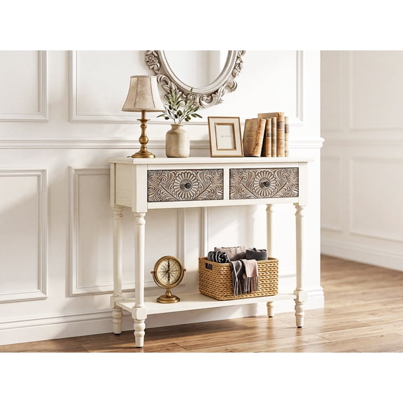 FOROUTIA Narrow Console Table,2-Drawer MDF Wood Entryway Table with Storage Shelf,Light Grey
