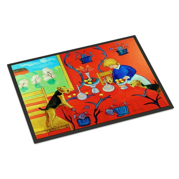 Carolines Treasures 7212JMAT Airedale Terrier with lady in the kitchen Doormat 24x36 36"L x 24"W multicolor