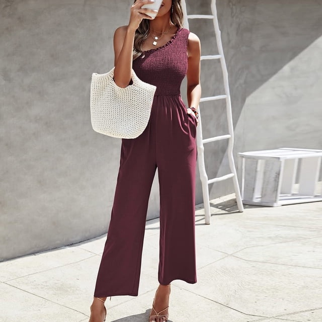 SMihono Pantalon en Lin pour Femmes Mode Grande Taille Décontracté Ample Mode Féminine Solide Bretelle Unique Sans Manches Combinaison Pantalon Grand pour Femmes, jusqu'à 65 % de Réduction!