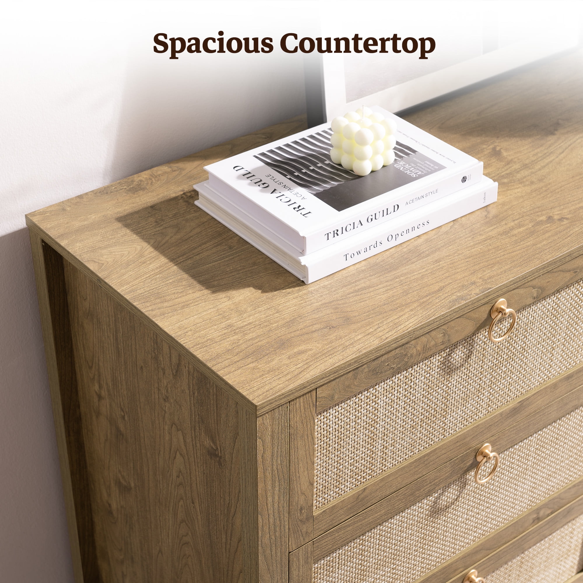 SICOTAS 51.14" Wide 6-Drawer Rattan Dresser Set of 2, Long Boho Chest of Drawers with Gold Handle for Bedroom, Coastal Bedroom Furniture in Cherry Oak