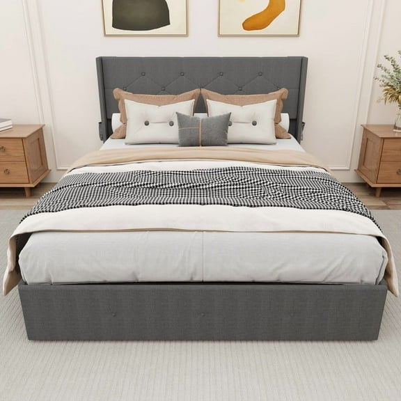 Full Size Hydraulic Storage Bed Frame with Wingback Headboard & USB Ports - Modern Upholstered Platform Bed, Dark Gray