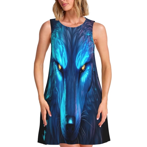 Easygdp Futuristic Blue Light Wolf para Vestido Transpirable de Mujer, Vestido Suelto de Manga Corta con Pliegues y Bolsillos para el Verano