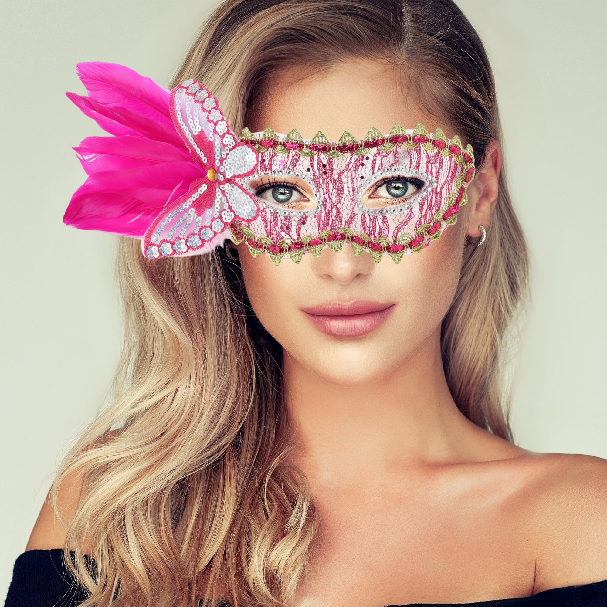 Unique Bargains 1 Pack Elegant Side Feather Masquerade Princess Party Mask Rose Red