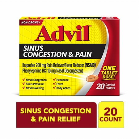 Advil Sinus Congestion & Pain (20 Count) Pain Reliever / Fever Reducer Coated Tablet, 200mg Ibuprofen, Nasal Decongestant, Sinus (Best Thing For Sinus Pressure)