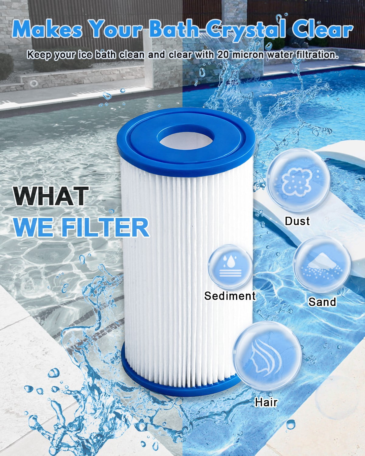 DAYEAR Ice Bath Filter 5" x 2.5" (16 Pack) Cold Plunge Filter 20 Micron Pleated Sediment filtrage Replacement for Ice Bath Tub Hot Tub