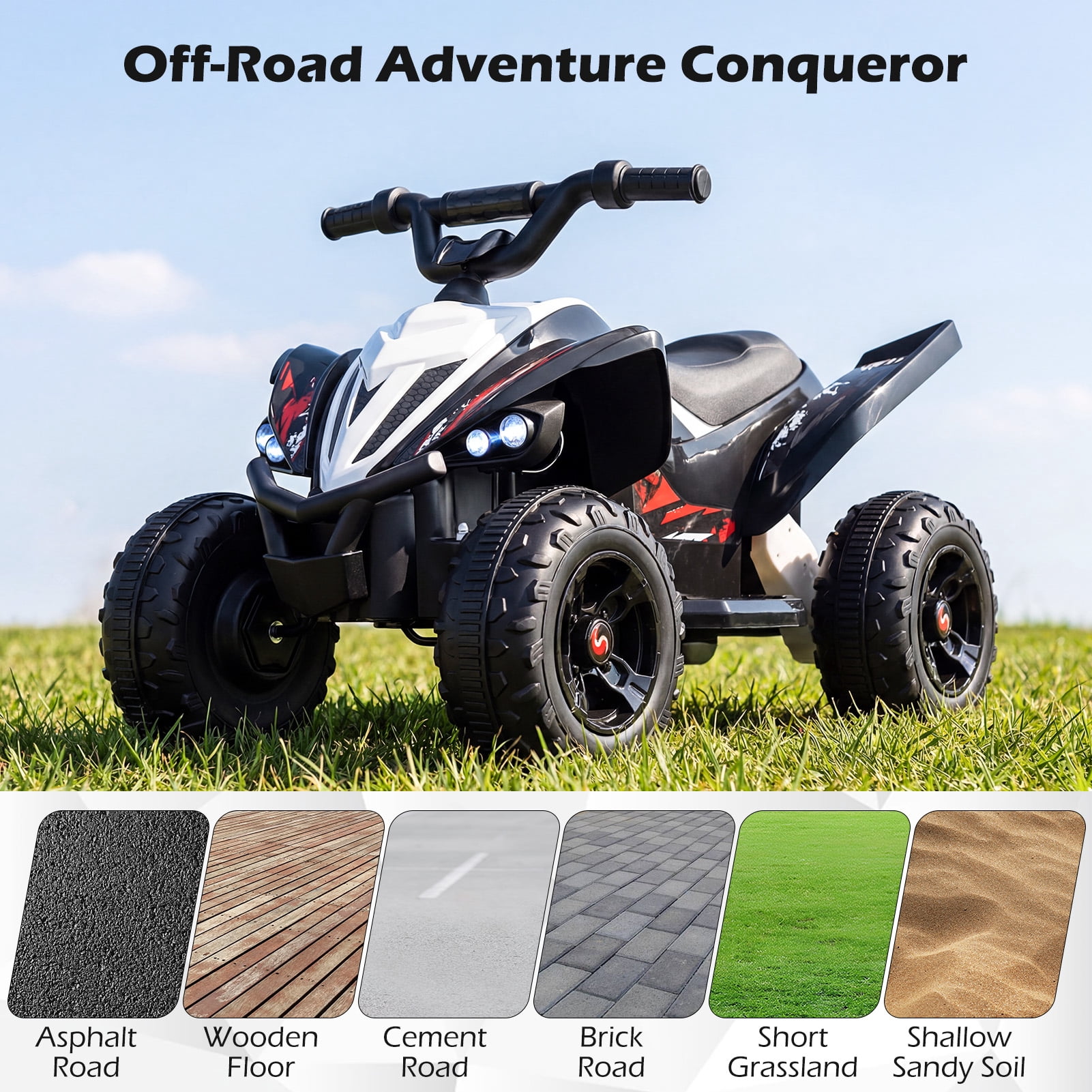 Costway 12V Quad 4 Wheeler Ride on Toy with Music, Light, USB Port, Wireless Connection Black