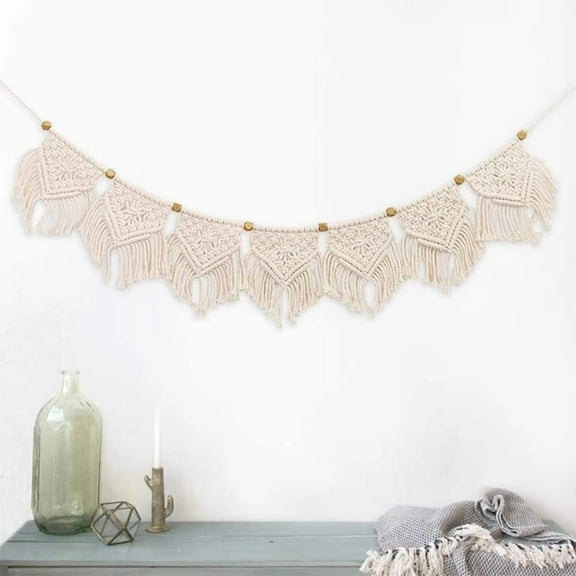 ABCISI Macrame Woven Wall Hanging Fringe Garland Banner,Chic Bohemian Macrame Wall Art Garland - Apartment Dorm Living Room Bedroom Nursery (42" W x 7" H, 7pc Flags)