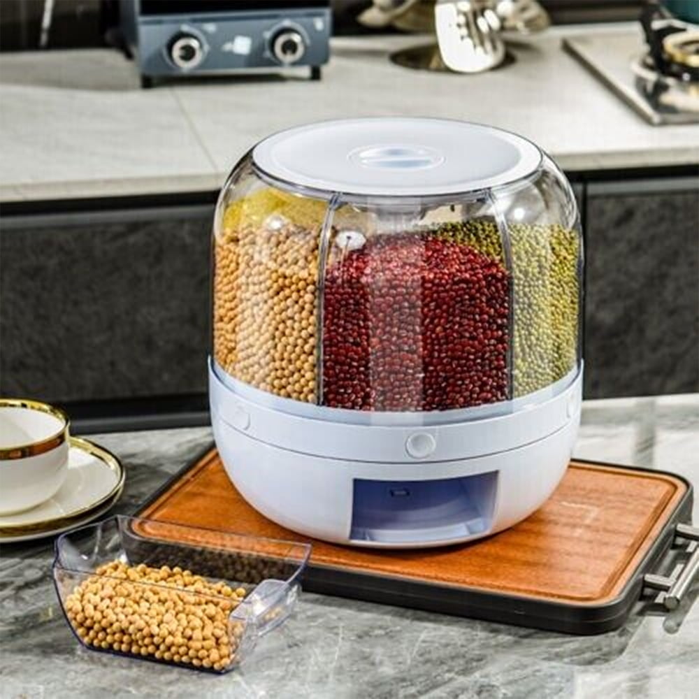 360° Rotating Food Dispenser, 6 in 1 Rice Storage Cereal Dispenser