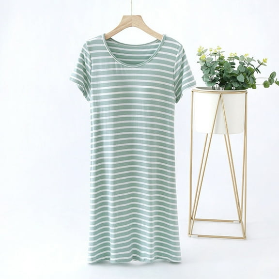 Delliss Womens Short Sleeve Nightgown Soft Striped Print Sleepwear Comfy Sleepshirt Simple Sleep Dress