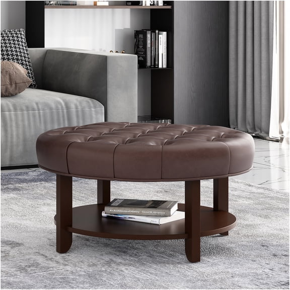 JERFIT Round Ottoman Pouf Dark Brown Faux Leather Footstool with Storage Shelf for Living Room