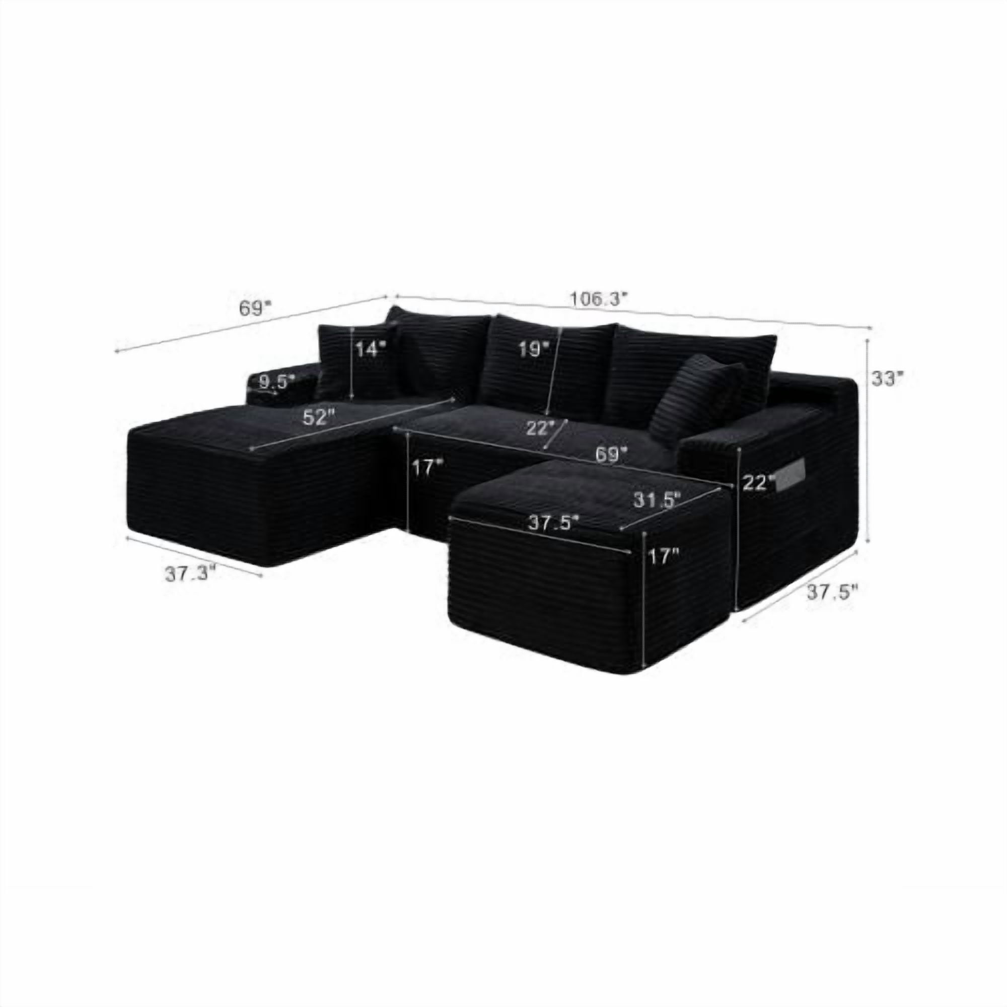 106.3" U-Shaped Cloud Sectional Sofa with Deep Seat, Modular Sleeper Couch, No Assembly, Black