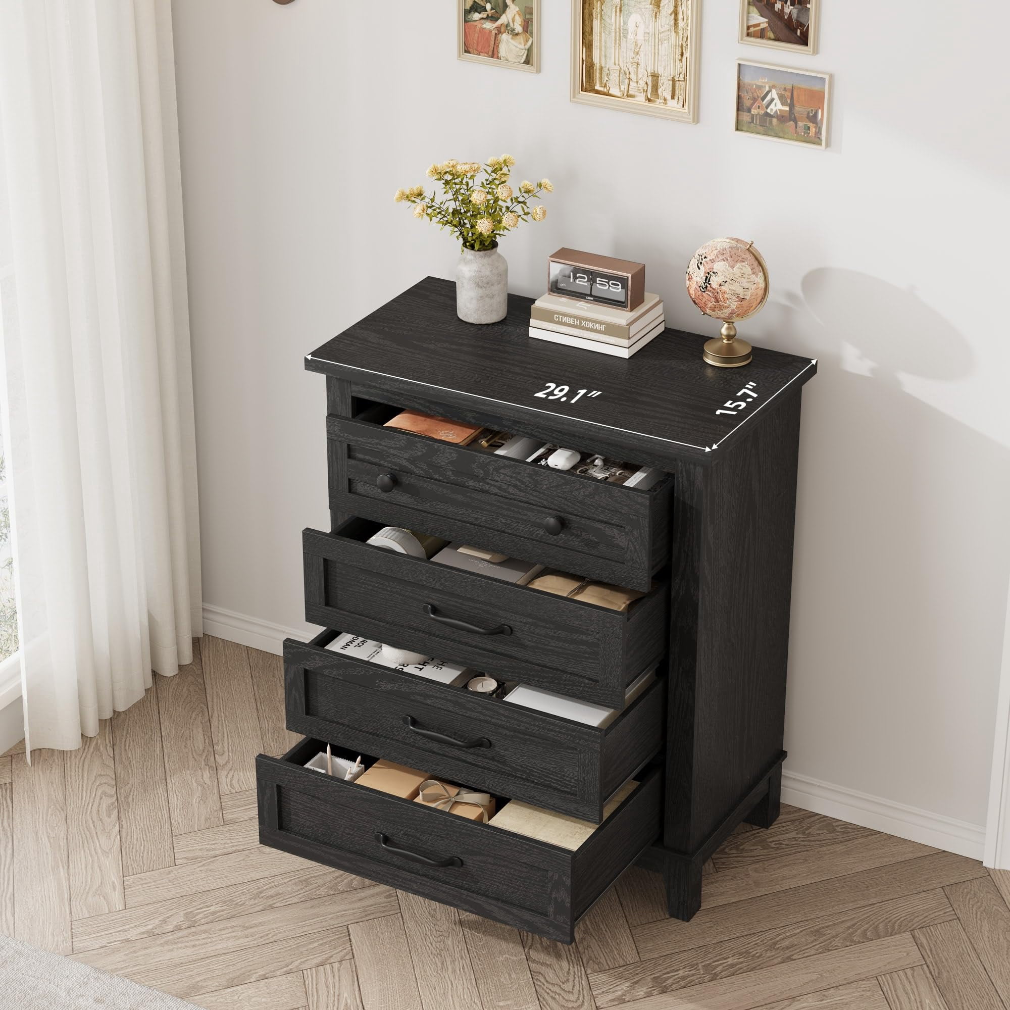 Dresser for Bedroom, 4-Drawer Chest of Drawers, Wooden Storage Dresser with Large Drawers for Living Room, Black