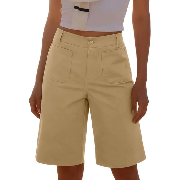 cocolona Womens Summer Casual High Waist Bermuda Shorts Elastic Waist Straight Wide Leg Knee Length Work Shorts with Pockets