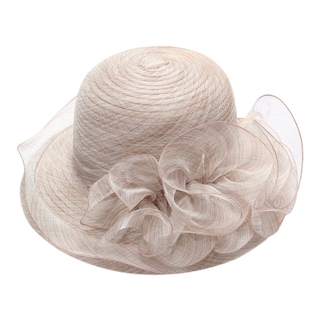 Fashion （Beige）New Flower Summer Sun Hats For Women Beach Organza Tea Party  Hat Elegant Ladies Church Suncreen Wide Brim Beach Hat Fedoras DON