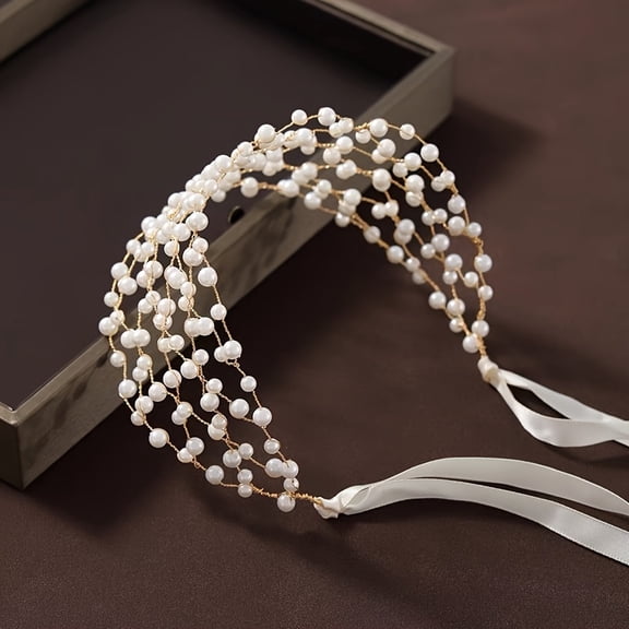 Luxury Elegant Faux Pearl Beaded Grid Headband Women Bridal Wedding Party Hair Band Jewelry Accessories