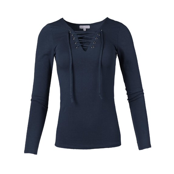 FashionOutfit Women's Casual Solid Front Lace Up V-Neck Long Sleeve Top