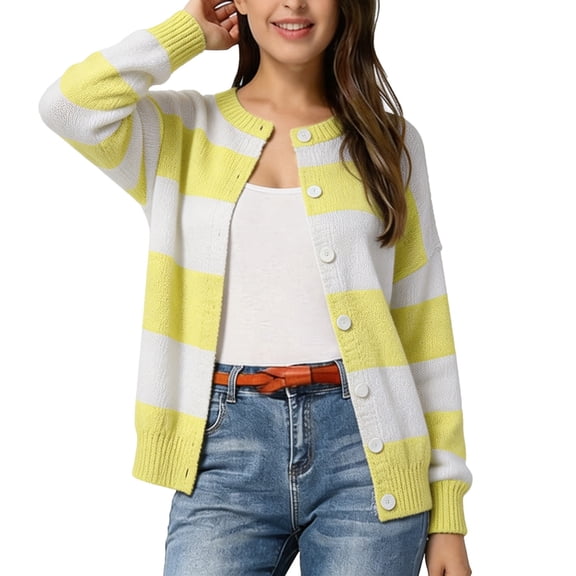 JIAYUE Women Crew Neck Cardigan Button‑Front Color Block Striped Knit Sweater Long Sleeve Stylish Tops for Outdoor Wear