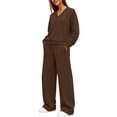 thumbnail image 4 of vdgthytj Sweatsuits Women 2 Piece Outfit Long Sleeve V-Neck Tops Drawstring Wide Leg Pants Fall Winter Athleisure Tracksuits(X-Large,Brown), 4 of 8