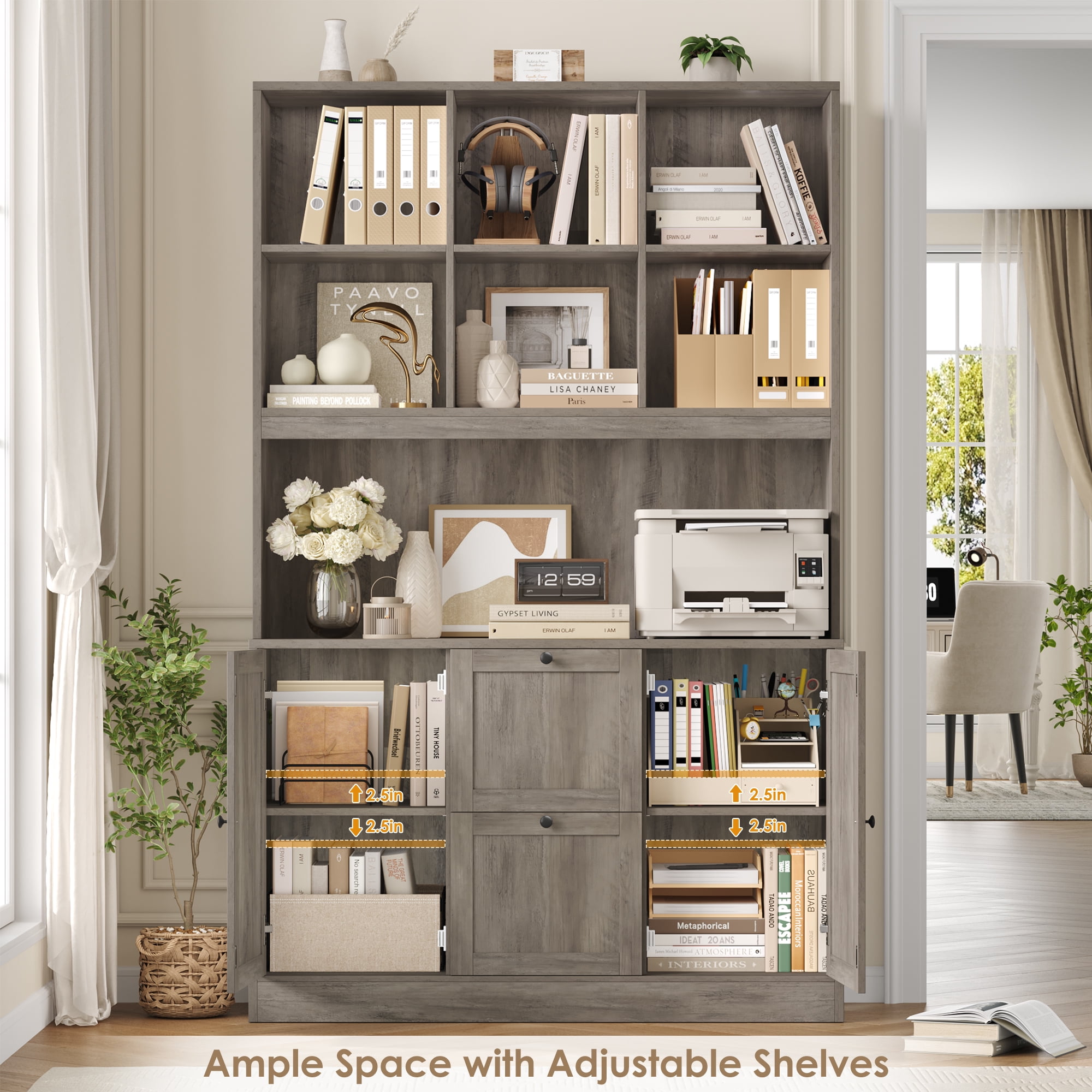 Homfa 71″ 6 Cubes Bookcases with 2 Storage Drawers and Charge Station, 3 Tier Bookshelf with Adjustable File Storage Cabinet for Living Room Home Office, Gray