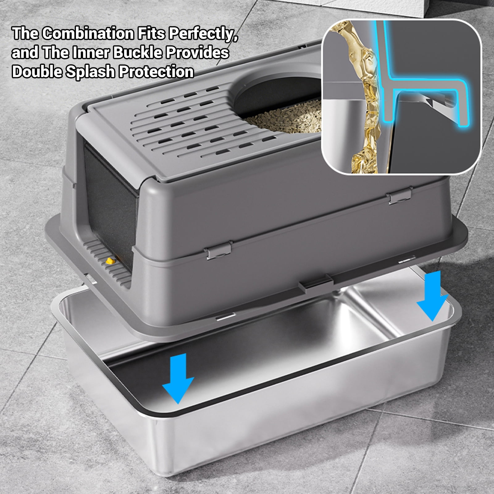 Extra Large Stainless Steel Cat Litter Box, Enclosed Detachable Covered Litter Tray with 180° Flip Top, Leak-Proof & Odor-Resistant, Easy to Clean for Small Medium Large Cats, Deep Black 60x40x38.5cm