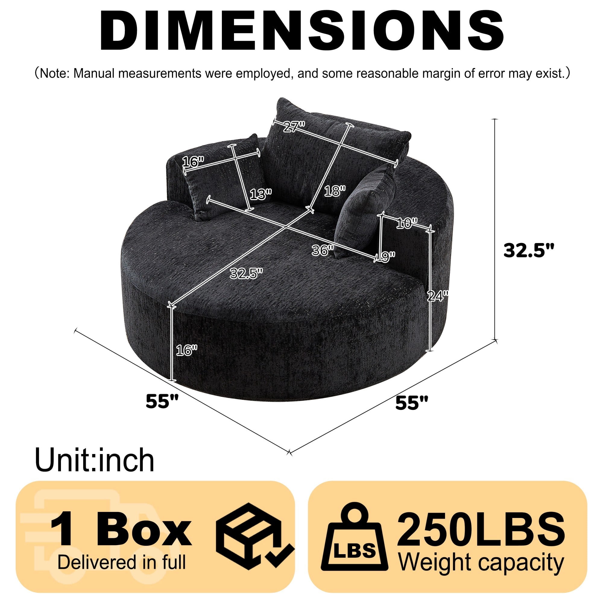 Sailvan 55" Modern Polyester Single Seater Lounge Chair, Modular Cloud Sofa with Enveloping Pillows, No Assembly Lazy Chair for Living Room Black