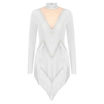TiaoBug Women's Rhinestones Latin Dance Dress Long Sleeve Fringe Rumba Samba Tango Competition Costume White XXL