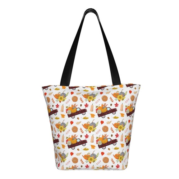 Uemuo Autumn Red Truck Print Tote Bags for Women,Large Capacity Corduroy Bag,Reusable Grocery Shoulder Bag,Beach Tote with Zipper Closure, Daily Essentials